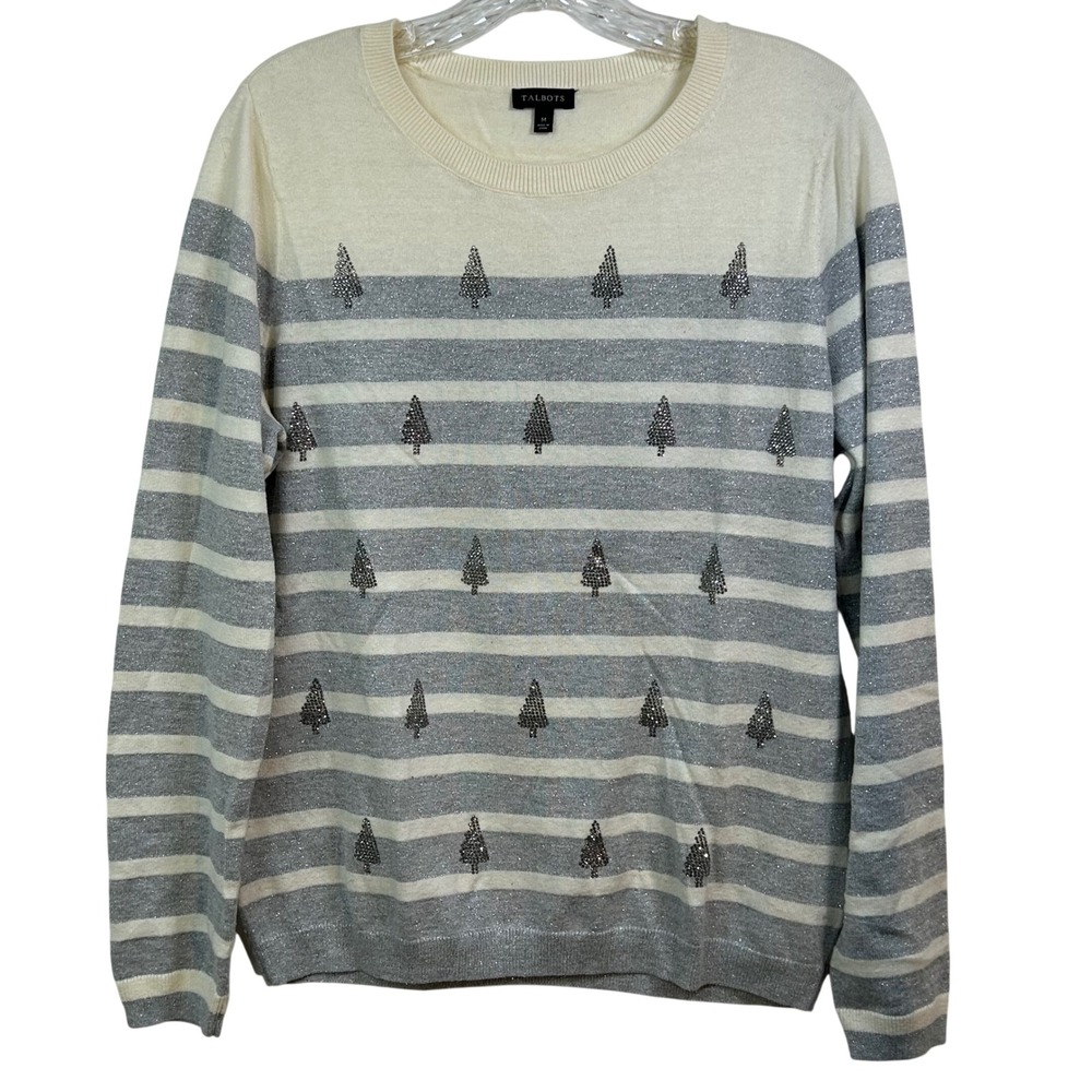 Talbots‎ Medium Christmas Tree Rhinestone Striped Metallic Cashmere Sweater flaw